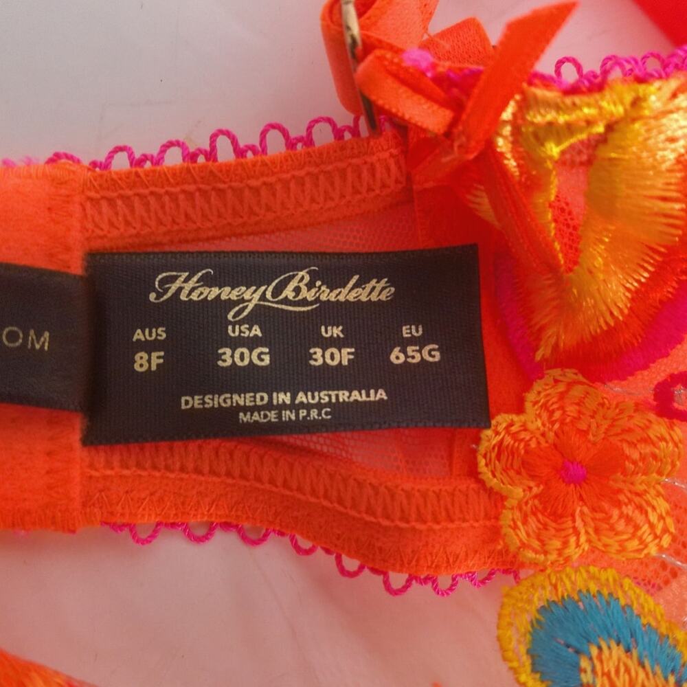 Honey Birdette Dixie Orange Bra 30G And Garter XS Embroidered Sheer Set - Picture 6 of 8